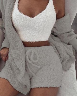 3pcs Long Sleeve Shorts Pajama Set Velvet
